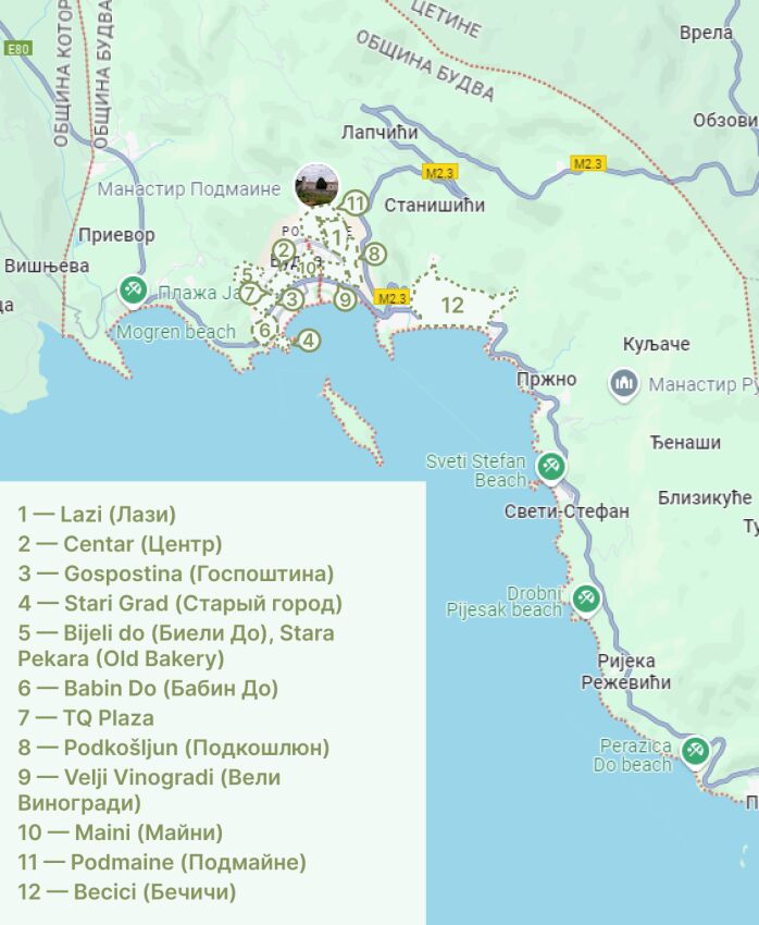 Mapa kvartova Budve, Crna Gora