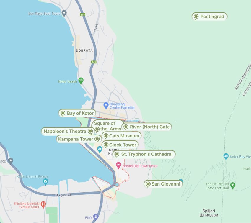 Map of attractions in Kotor