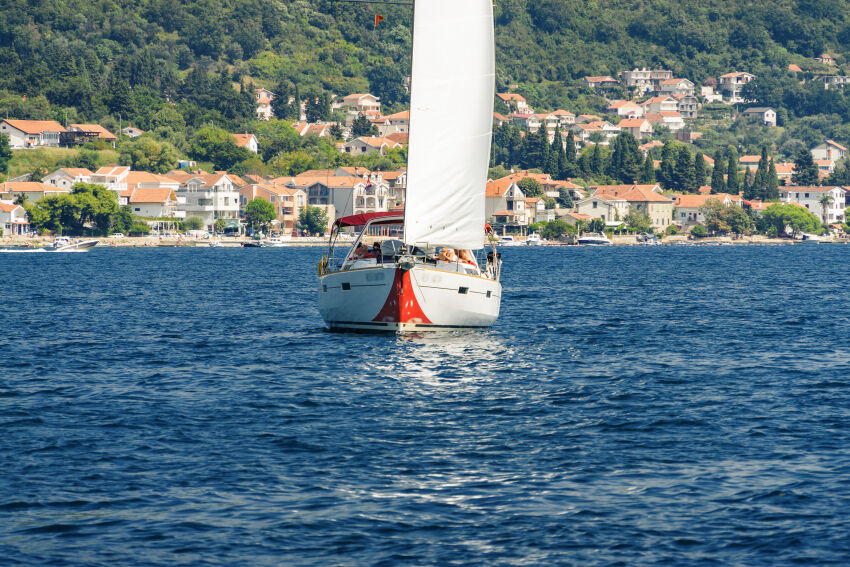 Sailing boat in the background of Herceg Novi