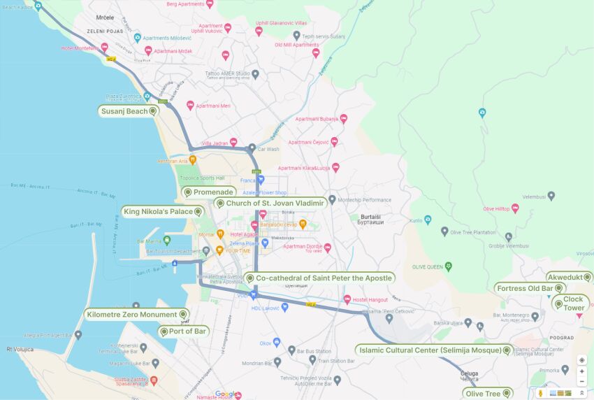 Map of attractions of Old and New Bar, Montenegro